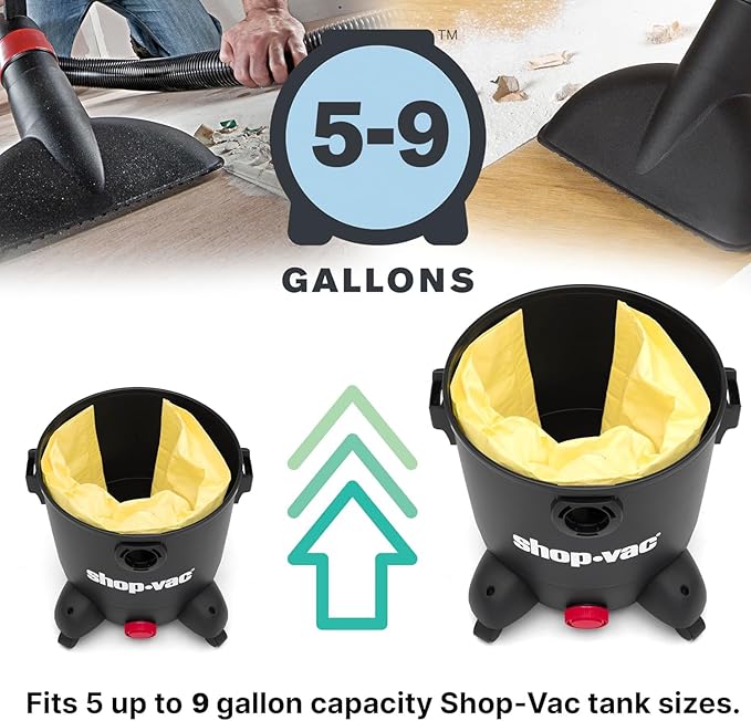 Shop-Vac 9067133 High Efficiency Disposable Vacuum Filter Bags, Fits 5-8 Gallon Tanks, Enhanced Filtration and Dust Control, (2-Pack)