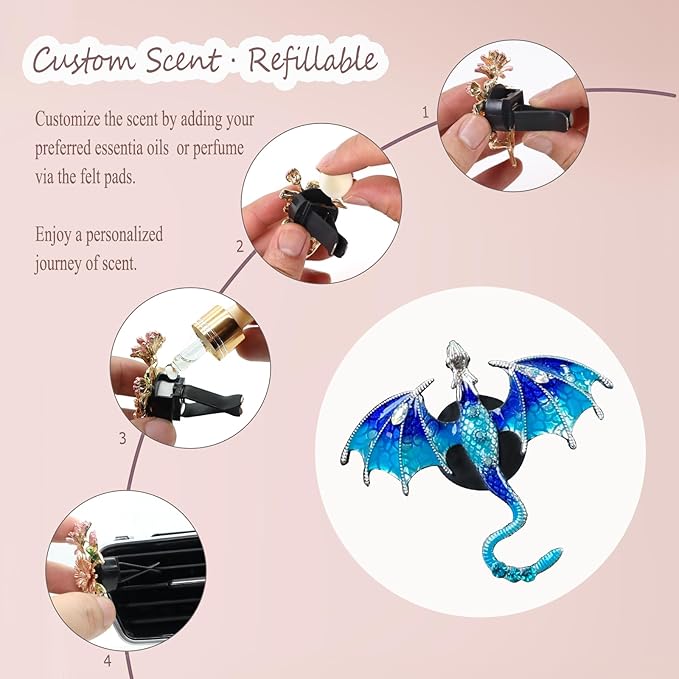 Bling Dragon Car Air Freshener Vent Clip,1pc Rhinestone Blue Dragon Car Decor,Cute Air Vent Clip Dashboard Decoration Accessory,Refillable Animal Diffuser