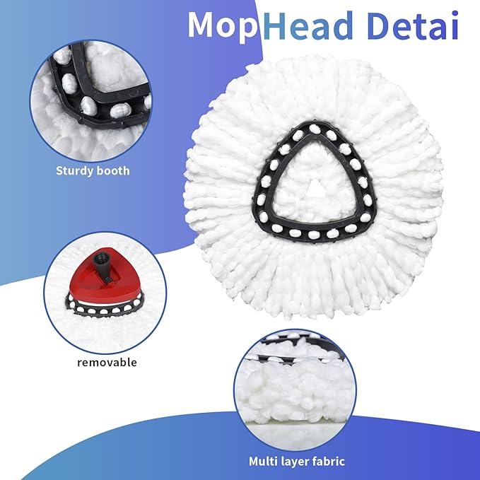 Mop Replace Heads Mop Handle Base Replacement Compatible with O Cedar EasyWring 1-Tank Spin Mops System, 2 Microfiber Mops Head Refills, 4-Section Handle 30-58in and 1 Cover Set(No Bucket)