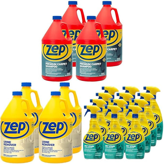 Zep Premium Carpet Shampoo + Urine Remover + Pet Stain and Odor Remover - 1 Gallon (Case of 4) ZUPXC128 + 1 Gallon (Case of 4) ZUURMV128 + 32 oz. (Case of 12) ZUPETODR32