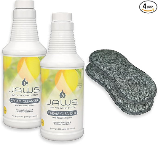 JAWS Cream Cleanser 2-Pack with Microfiber Sponges - Hard Water Stain Remover and Mild Abrasive Cleaner