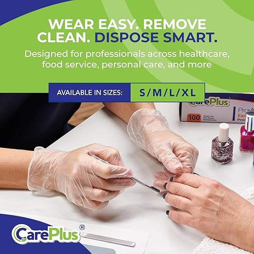 CARE PLUS Latex-Free Vinyl Gloves Clear Large Size 100 Count | Heavy Duty, Non-Sterile, Powder-Free, Rubber | Food Prep, Kitchen & Cleaning Gloves, Ideal for Professional Use