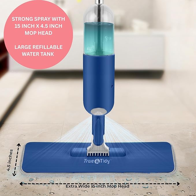 True & Tidy® Multi-Surface Spray Mop with Refillable Water Bottle, Use Any Cleaning Solution Easy to Fill and Refill with Machine Washable Mop Pad (Navy)