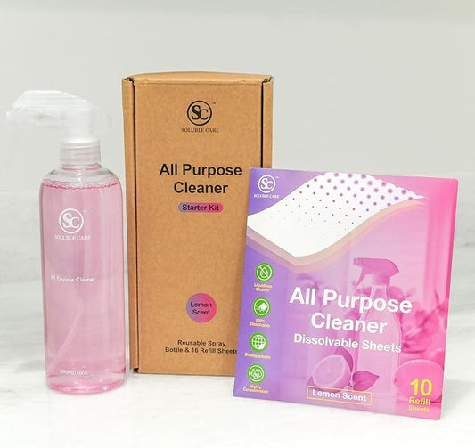 All-Purpose Cleaner Starter Kit (Multi-Surface, Dissolvable, Sustainable & Earth-Friendly Sheets) - Includes Reusable Spray Bottle + 16 Refills - Fresh Lemon Scent