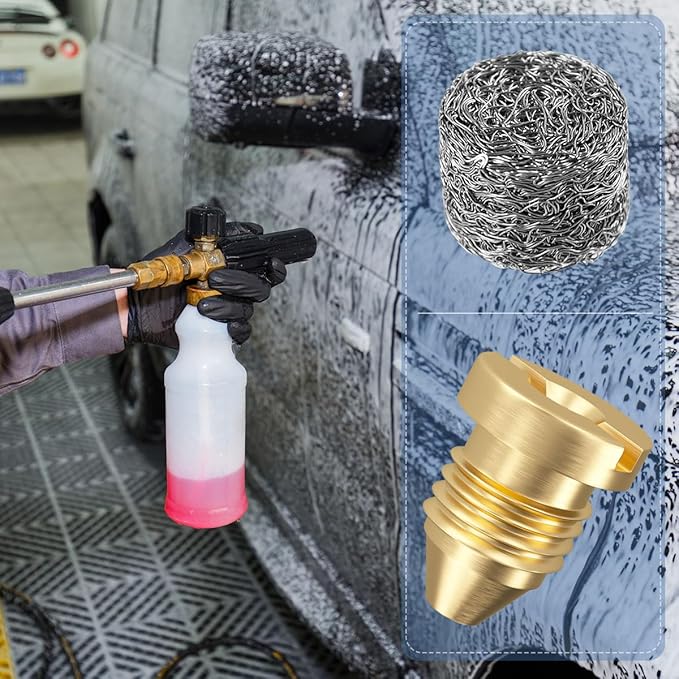 2 Pieces 1.1 mm Orifice Foam Cannon and 2 Pieces Foam Maker, Universal Brass Thread Nozzle Tips and Mesh Filter for Snow Foam Lance, Tool Daily Foam Cannon