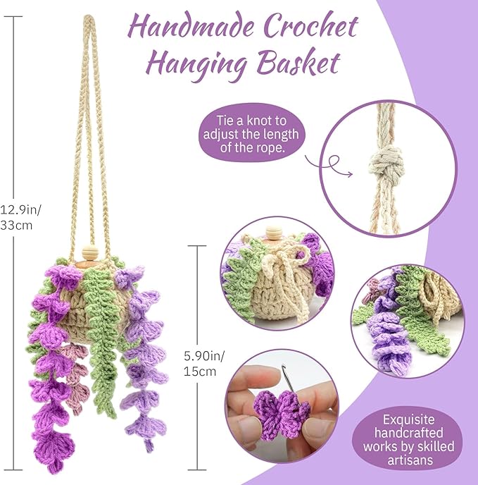 Crochet Car Air Freshener, 15ml Empty Refillable Oil Diffuser Bottle with Crochet Violet Hanging Plant for Car Rearview Mirror Decor, Handmade Home&Office Decor