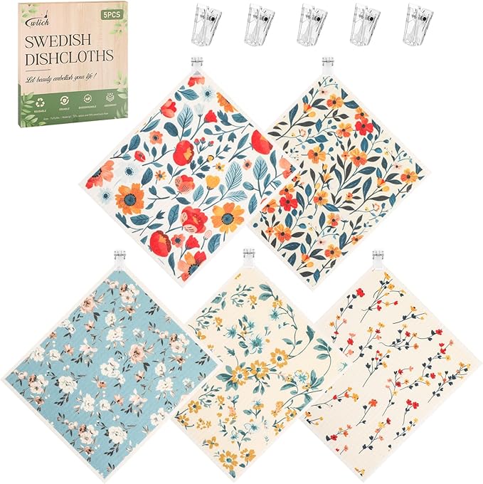 5PCS Swedish Dishcloths for Kitchen, Reusable Dish Rags for Washing Dishes with Clips, Non-Scratch Kitchen Towels and Dishcloths Sets, Washable Swedish Dish Cloths, No Odor(Plant)