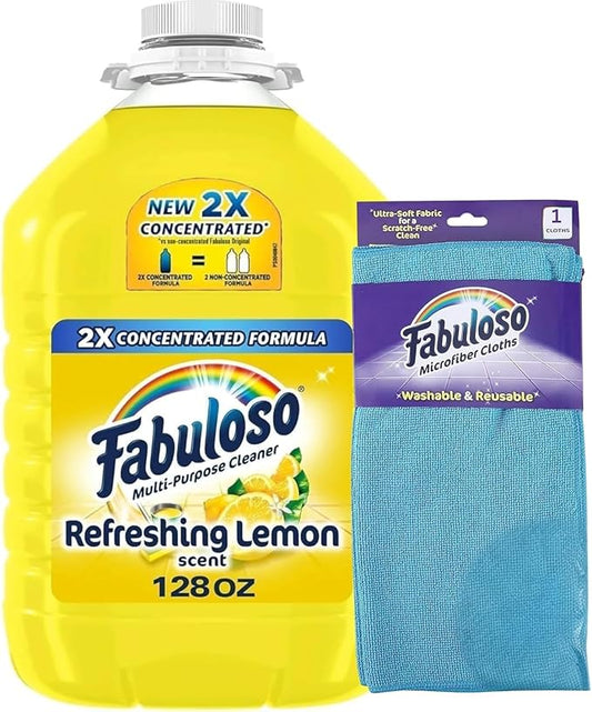 Fabuloso Lemon All Purpose Cleaner, Floor Cleaner, Makes 64 Gallons per Bottle - 128oz Cleaner Cloth - Colors & Packaging May Vary