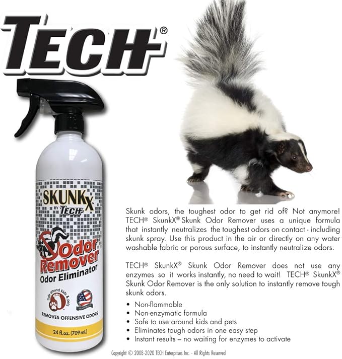 TECH Skunk-X Odor Eliminator Spray - Instant Odor Remover for Washable Fabrics and Indoor Spaces (24 Oz)