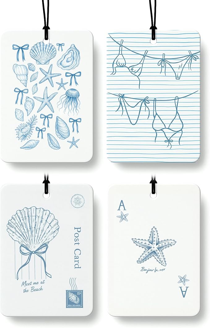 Preppy Beach Cologne Car Air Freshener 4 Pcs, Blue Coquette Bow Coastal Seashell Hanging Air Freshener for Cars Bathroom Dorm Books Decor, Cute Blue Accessories Gifts for Women Girls