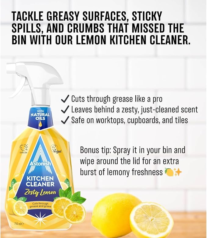 Astonish Zesty Lemon Scented Kitchen Cleaner - All Purpose Cleaning Solution Removes Grease, Grime, & Surface Stains - Cruelty Free Kitchen Grease And Multi Surface Cleaner - 750ml Spray Bottle