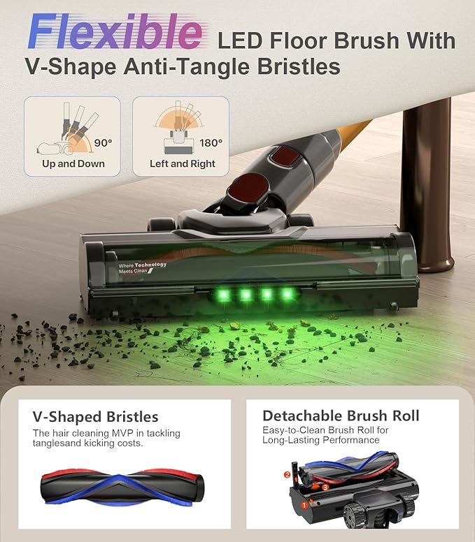 Cordless Vacuum Cleaner, 550W 50KPa 45Mins Vacuum Cleaners for Home, Self-Standing Stick Vacuum with Anti-Tangle Brush & LED Display for Hardwood Floors, Carpet, Pet Hair, Car