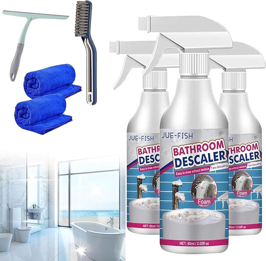 Bathroom Descaler Cleaner, [Upgrade Recipe] Bathroom Descaler Foam Cleaner, Jue Fish Bathroom Descaler, All Purpose Rinse Free Cleaning Spray for Bathtub, Sink, Toilet, Tiles (3Pcs)