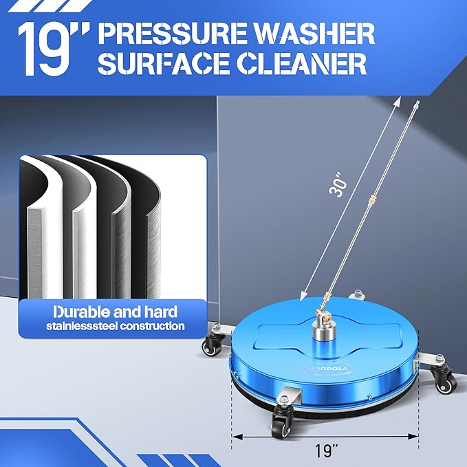 19'' Pressure Washer Surface Cleaner with 4 Wheels - Stainless Steel Surface Cleaner for Pressure Washer Attachment for Concrete, Driveway, Patio, Sidewalk, Deck and Driveways (19 INCH Blue)