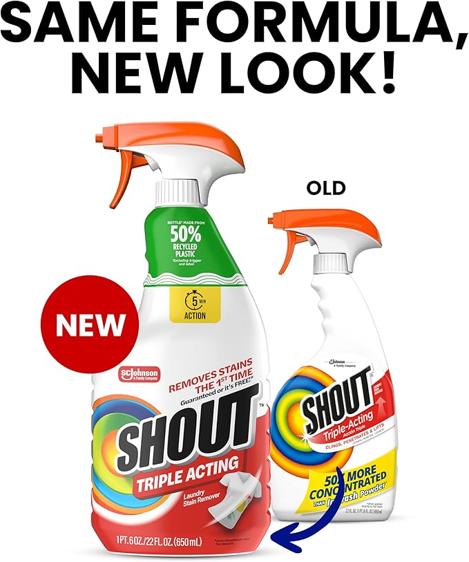 Shout Active Enzyme Laundry Stain Remover Spray, Triple-Acting Formula Clings, Penetrates, and Lifts 100+ Types of Everyday Stains - Prewash Spray 22oz