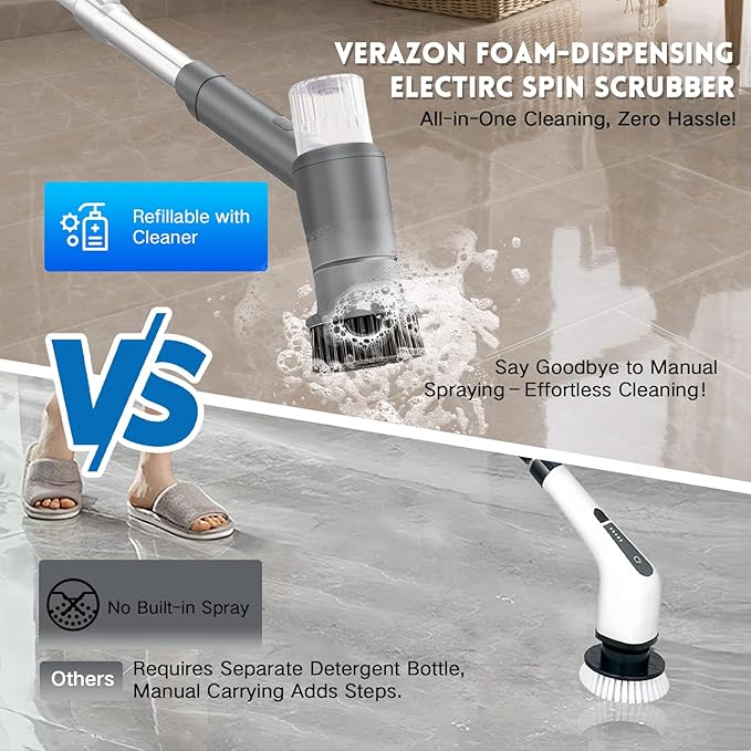 Electric Spin Scrubber,Spray with Foam Cordless Cleaning Brush, 2-Speed Shower Scrubber, Shower Cleaning Brush with 9 Replaceable Brush Heads, Adjustable Removable Handle for Bathroom（Dark Grey）