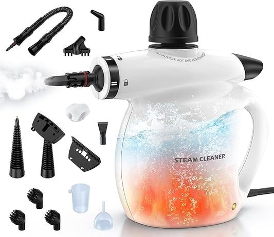 LABIGO Steam Cleaner, Pressurized Handheld 13pcs Multi-Purpose Natural Deep Cleaning Steamer, Portable Steamer for Cleaning Home, Grout, Kitchen, Car, Window, Upholstery, Bathroom and Clothes, White