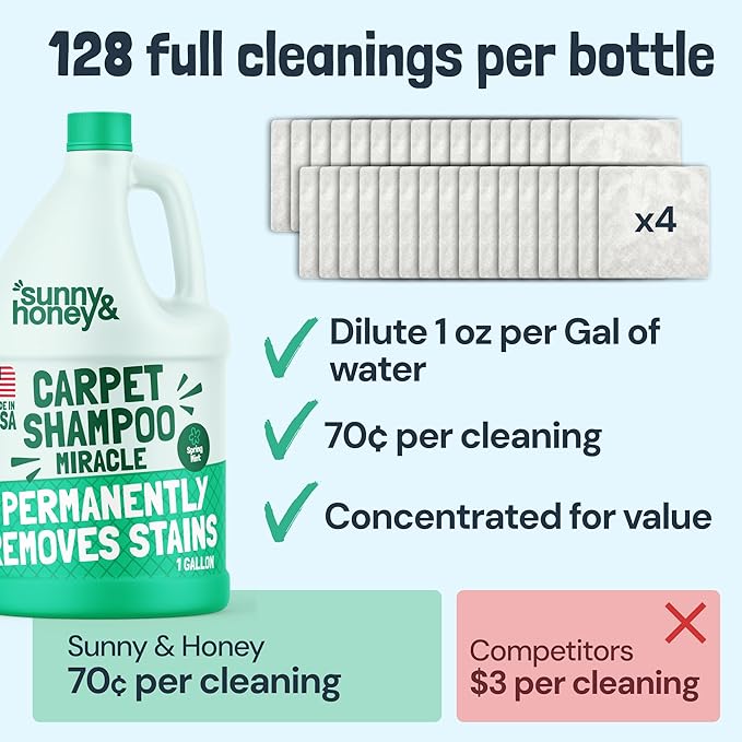 Sunny & Honey Carpet Cleaner Solution - Carpet Shampoo & Pet Stain Remover for Upholstery & Rugs - Works With Steam Cleaners (128 fl oz, Spring Mint Scent)