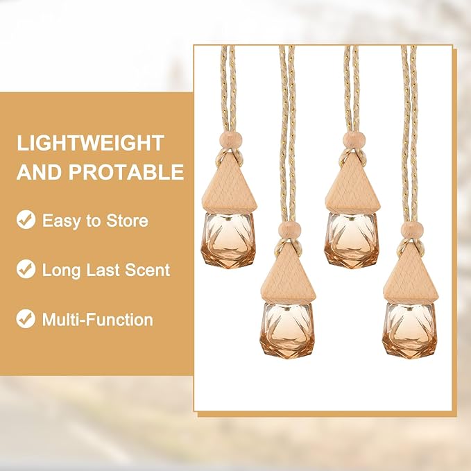 uxcell 4pcs Hanging Car Air Freshener Perfume Bottle, 8ml Pendant Empty Clear/Brown Glass Essential Oil Aromatherapy Diffuser with Wooden Cap for Car Decor (Clear/Brown, Rhombus)