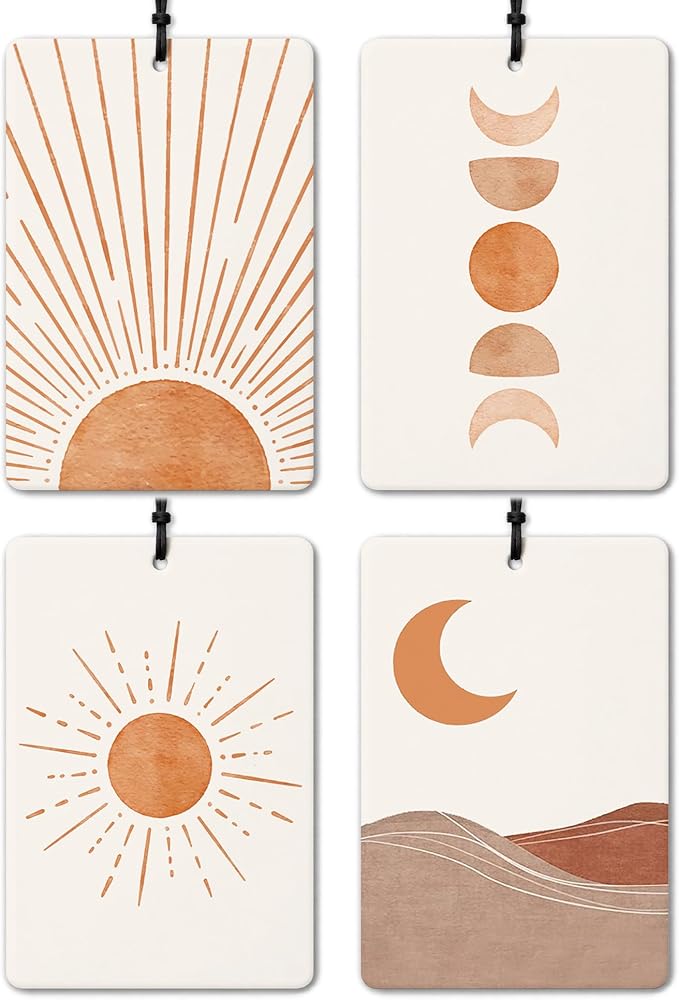 Boho Terracotta Sun and Moon Car Air Freshener 4 Pcs, Retro Abstract Sun Moon Phases Mountain Air Freshener Hanging for Cars Books Closet Drawer, Boho Car Accessories for Women Men