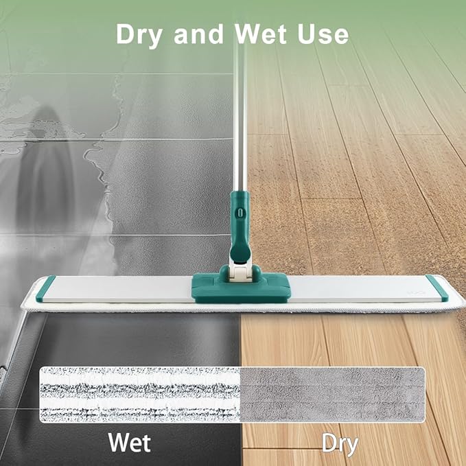 CQT Commercial Flat Microfiber Floor Mop Cleaning System 24" Inch Wet Dry and Dust Hardwood with 4 Washable Pads Cleaner for Laminate Tile Stainless Steel Handle and Extension (PT14 Green)