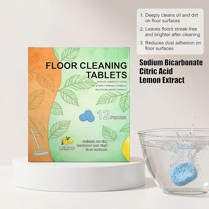 Floor Cleaning Tablets, 12pcs Floor Cleaner Tablets Hard Floor Cleaner Tablets, Floor Cleaning Tablets for Mopping, Pre-Measured Dissolvable Cleaning Solution for Wood Tile Marble, Lemon Scent (12PCS)