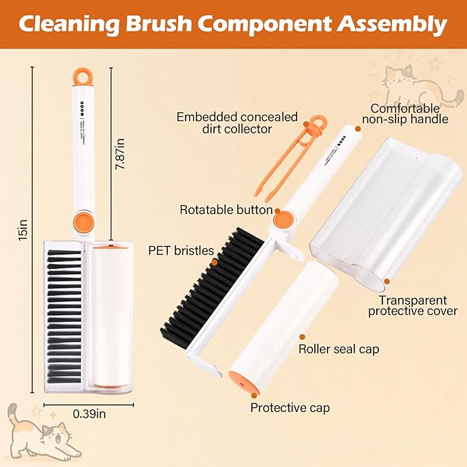 3-in-1 Pet Hair Remover Tool: Soft Dust Brush, Lint Roller for Clothes & Bench Brush with 180° Adjustable Handle, Pet Hair Removal for Dog/Cat Hair on Clothes, Bed, Sofa (White, One Size)