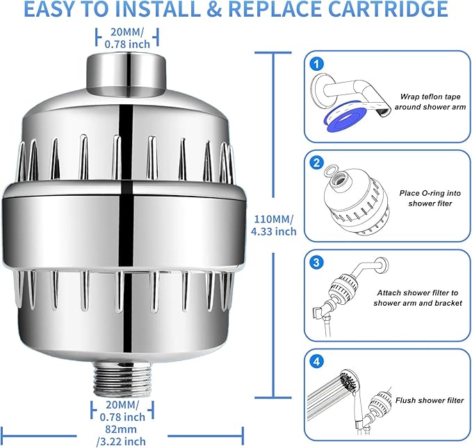 20-Stage Shower Filter-Shower Head Filter for Hard Water, with 2 Replaceable Filter Cartridges, High Output Shower Water Filter for Removing Chlorine and fluoride, Polished Chrome