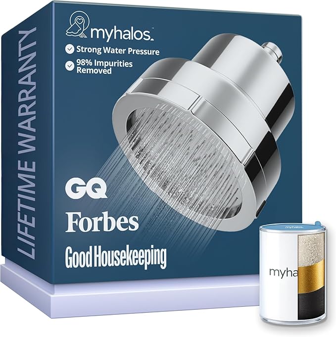 MyHalos® Filtered Shower Head for Hard Water Filter - High Pressure, Removes Chlorine - Shower Head Filter for Hard Water Softener Showerhead, Easy Install, For Hair & Skin, Filtering (Chrome)