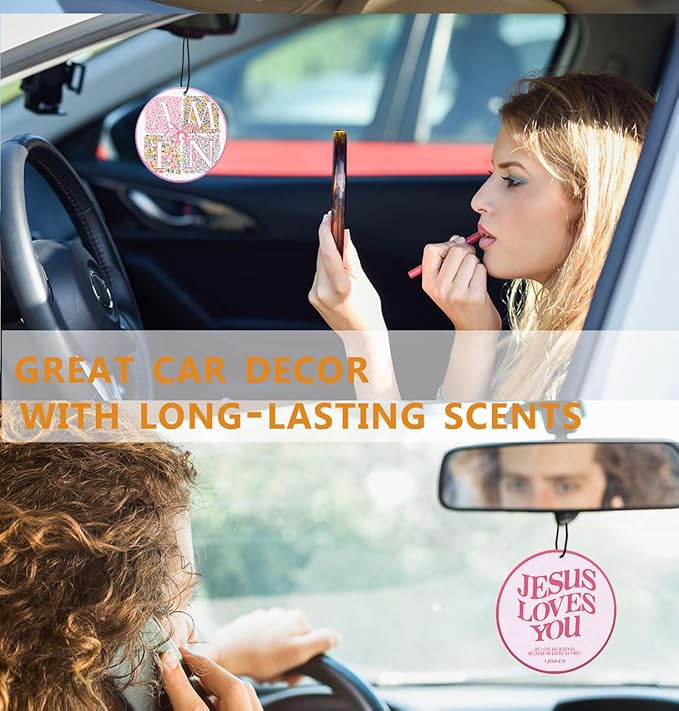 Pink Christian Car Air Freshener Hanging 2Pcs, Bible Verse Religious Car Accessories Interior, Jesus Love You Bows Coquette Cars Rear View Mirror Church Gifts for Women Girls (Black I)