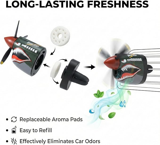 P-40 Warhawk Car Air Freshener with Spinning Propeller - Vent Clip Dashboard Decor for Men, Long Lasting Odor Eliminator & Aviation Gift (1pcs-shark)