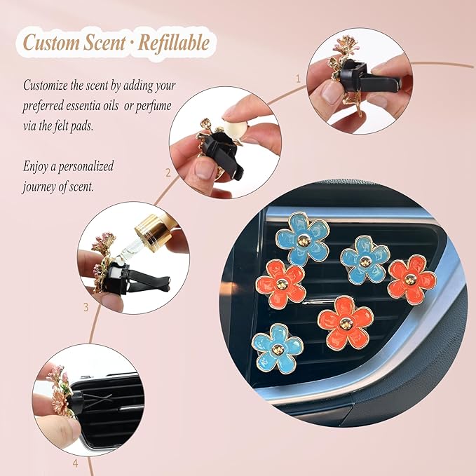 Flower Car Accessories,6pcs Daisy Car Air Freshener Vent Clips,3.3cm/3cm Blue Orange Flowers Decor,Refillable Diffusers for Women