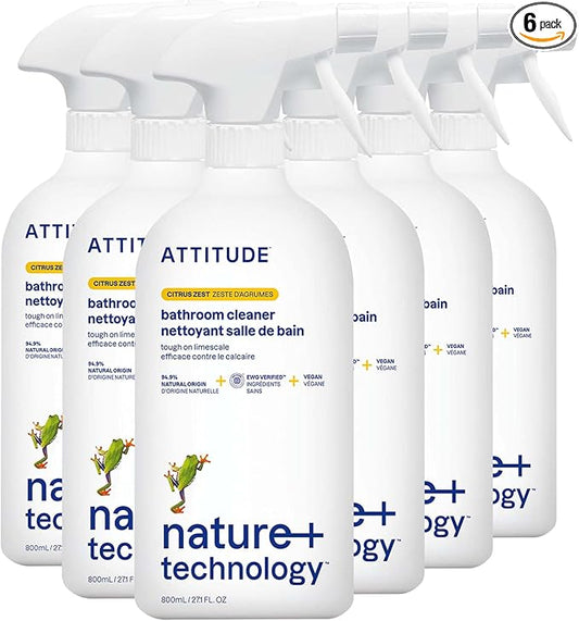 ATTITUDE Bathroom Cleaner Spray, EWG Verified, Plant-Based & Vegan, Safe for Bathroom Surfaces, Tiles, Tubs, Shower Walls, and Grout, Citrus Zest Scent, 27.1 Fl Oz (Pack of 6)