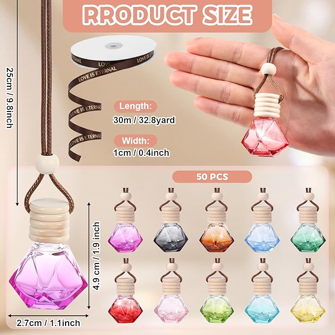 Mudder 50 Pcs Gradient Hanging Car Air Freshener Empty Clear Glass Diffuser Bottles for Essential Oils Perfume Pendant for Women Guests Wedding Favors Employee Appreciation Gifts(Rhombus,Colorful)