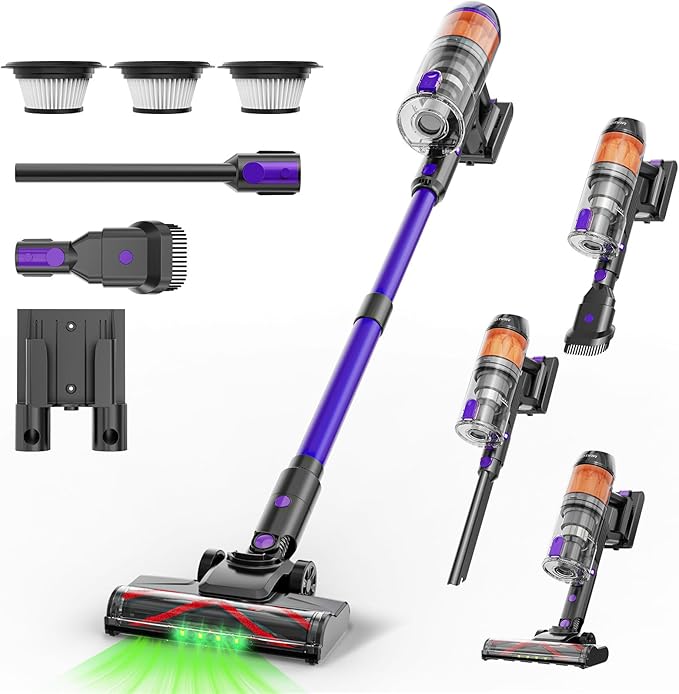 Cordless Vacuum Cleaner,500W 40KPa 60Mins Vacuum Cleaners for Home,Powerful Stick Vacuum With Green Light,Anti-tangle Wireless Vacumm, Rechargeable Vacuum for Pet Hair/Carpet/Hardwood Floor,Purple