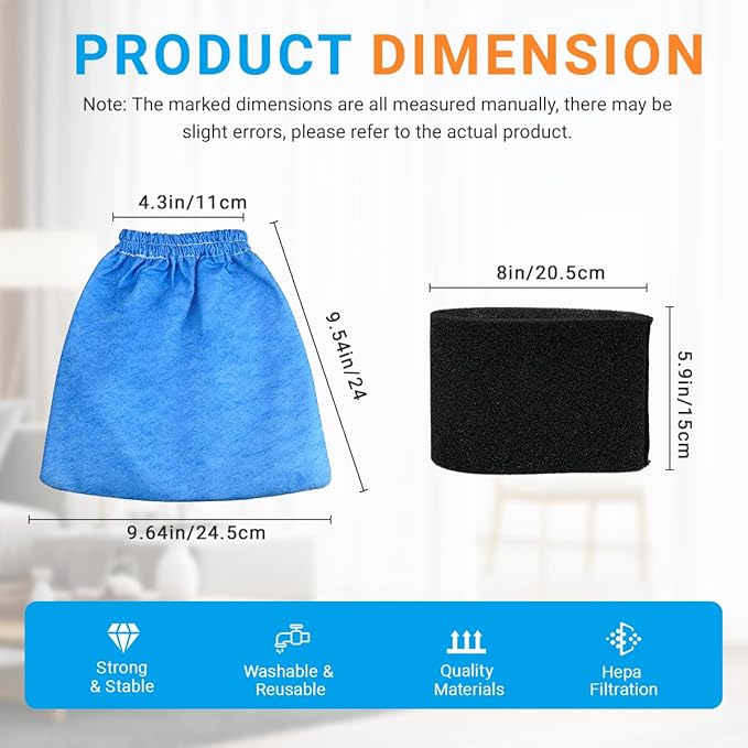 6 Pack VRC5 Filter Bags & 2 Pcs VFF51 Foam Filters Kit Compatible with Vacmaster Most 4 to 16 Gallon Wet/Dry Vacuum, Part# VRC51