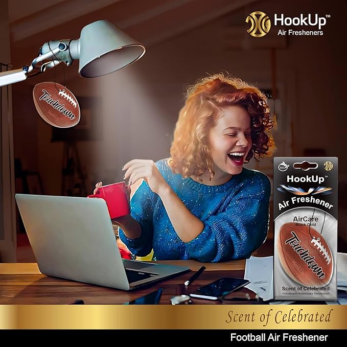 Football Car Air Freshener by HookUp - 10 Pack - Black Gold Scent (Extra Strong) | Unique Football Gift for Players, Coach, Fans | Hanging Car Accessory with Long Lasting Fresheners Smell