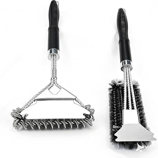 (2Pcs) Bristle-Free Grill Brush & Scraper Set - Safe Stainless Steel BBQ Grate Cleaner for Porcelain/Weber Gas/Charcoal Grills | Heavy Duty Grill Cleaning Kit Accessories (Gifts for Men/Dad)