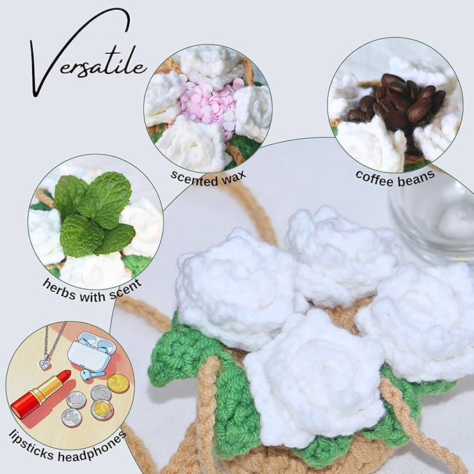 Handmade Crochet Hanging Car Air Freshener - Pure Elegant White Rose Design, 12ml Refillable Thick Glass Bottle, Car Diffuser for Rearview Mirror, Home & Office Minimalist Decor