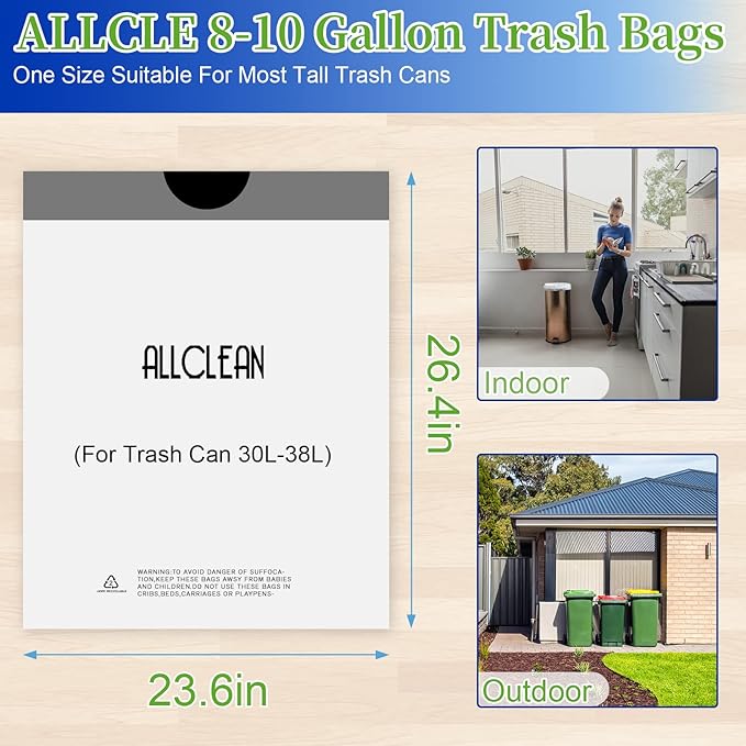 ALLCLEAN 10 Gallon Trash Bags, Ultra-Strong Unscented Heavy-Duty Medium Drawstring Garbage Bags, Bin Liners for Kitchen, Office, Yard, Bathroom Trash Cans (30 Count)