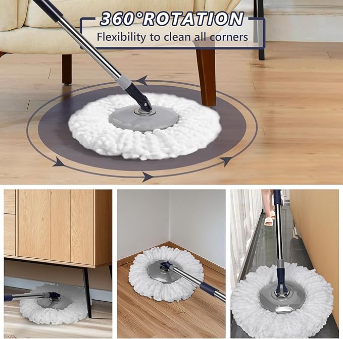Masthome EasyWring Microfiber Spin Mop with 3 Mop Pads & Masthome Flat Flip Dust Mop with 4 Reusable Pads for Hardwood, Laminate,Tile Floor Cleaning-1 Scraper