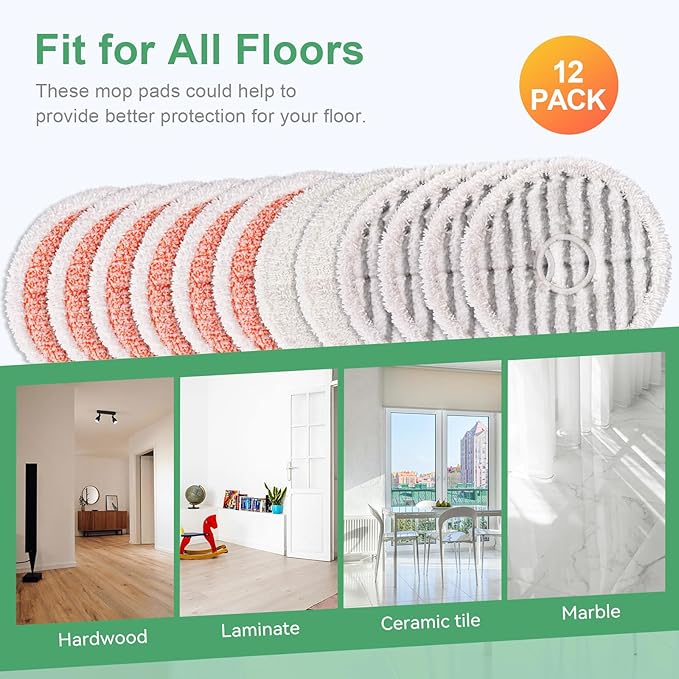 3764 Replacement Mop Pads for Bissell SpinWave: Compatible with Bissell Spinwave Spin Mop 3764，37643 Floor Mop Cleaners - 6 Heavy Scrub Pads,4 Scrubby Pads,2 Soft Pads,Washable & Reusable（12 Pack）