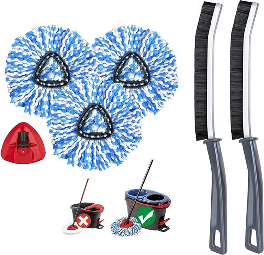 3 Pack Blue Spin Mop Replacement Heads Compatible with Ocedar RinseClean 2 Tank System Bundle with 2 Pcs Hard Bristle Crevice Cleaning Brush Grout Cleaner for Deep Cleaning