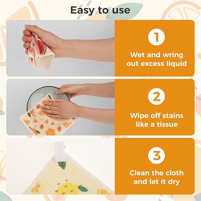 10PCS Swedish Dishcloths for Kitchen, Reusable Paper Towels Washable, Dish Rags for Washing Dishes with Clips, Non-Scratch Kitchen Towels and Dishcloths Sets, Dish Cloths, No Odor(Fruit)
