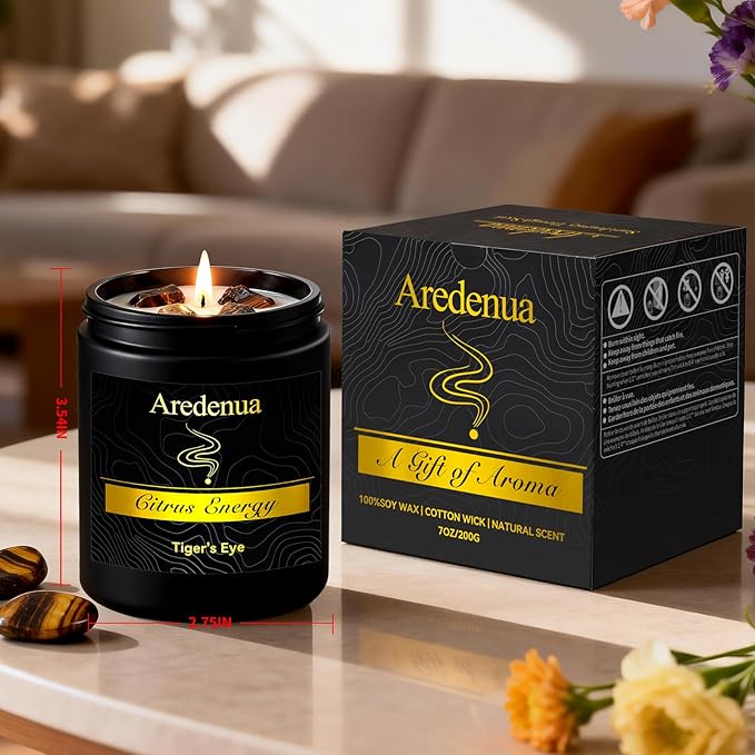 Crystal Candle with Tiger Eye Healing Crystals, Citrus Aromatherapy Candle for Confidence, Natural Soy Wax Scented Candle with Real Gemstone, 7oz Long Burning, Motivational Chakra Gift