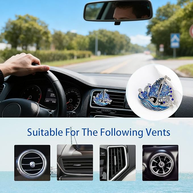 Nautical Car Decor,Coastal Sailboat Car Air Freshener Vent Clip,Cute Crystal Bling Blue Beachy Accessories for Women,Glitter Beach Ocean Themed Decoration Gift