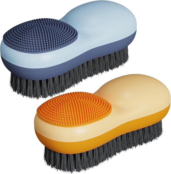 Laundry Stain Brush Two-Side Soft Bristle Scrub Brush for Stain Removal Silicone Household Clothes Washing Brush Dual-use Scrubbing Brush for Clothes Underwear, 2 Pack (Blue and Orange)
