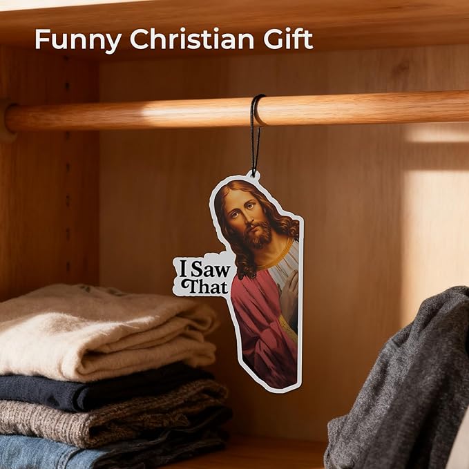 4 x Jesus I Saw That Car Air Freshener, Faith Based Gift, Christian Gift For Her Him, Funny Catholic Gift, Christmas Car Accessories, Jesus Meme Gifts, Exchange White Elephant, Pack of 4 Scents, 3.5"