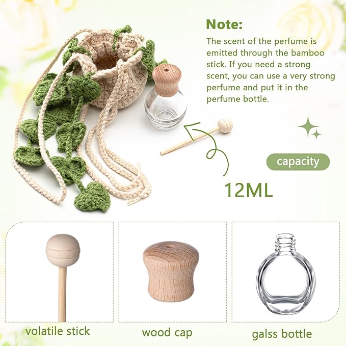 Cute Crochet Plant Car Freshener 12ml Empty Refillable Diffuser Bottle with Plants Hanging Accessories for Rearview Mirror Home Office Decor Women Mother's Day Gifts(Leave)