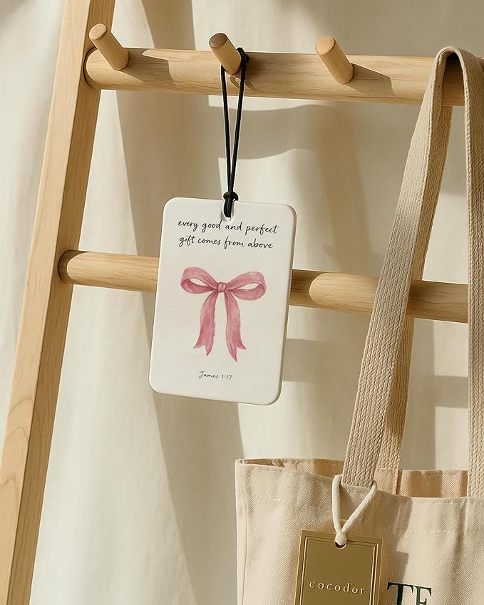 Pink Christian Jesus Air Freshener 4 Pcs, Coastal Seagrass Bow Bible Verse Religious Hanging Air Freshener for Cars Closet Drawer Books, Girly Christian Car Accessories Mirror Decor for Women